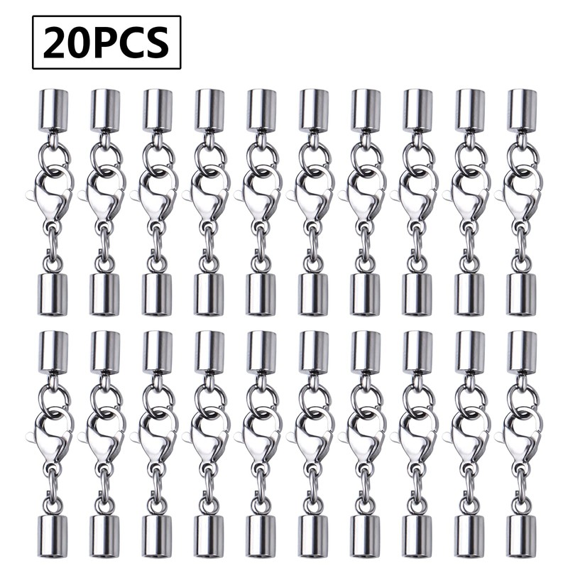20pcs Stainless Steel Leather Cord Ends with Lobster Clasp Connector