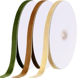 Yilloog 3 Rolls Christmas Velvet Ribbon Single Face Velvet Ribbon Vintage Velvet Satin Ribbon Wide Solid Color Wrapping Ribbon for Christmas Decorating(3/8 in X 30 Yard,Light Army Green, Apricot, Khaki)