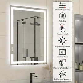 BuLife 2PCS, 28 X 20 Inch LED Bathroom Vanity Mirror, 3 Colors Light Dimmable, Wall Mounted Memory Lighted Makeup Mirror with Anti-Fog Touch Switch (Front-lit&Backlit)