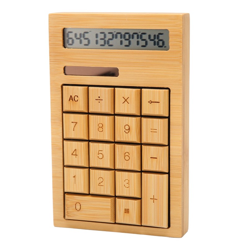 Wooden Calculator Solar Battery Powered 18 Keys Large LCD Display