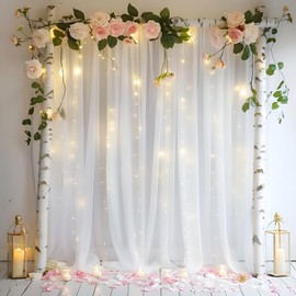 White Backdrop Curtain with Lights String for Birthday Decorations 10×10FT Tulle Backdrop Curtain for Parites Wedding Bridal Shower Baby Shower Bridal Shower (2 Panels 5×10ft)