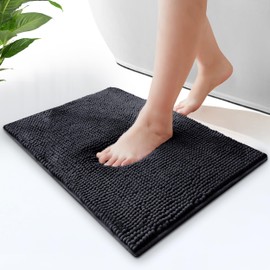 Moonlight Bedding Bath Mat Non Slip Anti Mould - Chenille Shower Mat Black 40 x 60 cm Super Absorbent Bathroom Mat Machine Washable Extra Soft Fluffy Bathmat