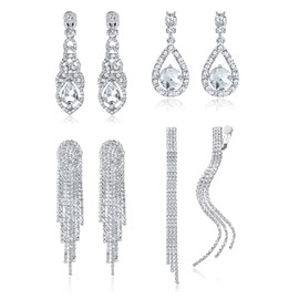 Diamday 4 Pairs Silver Clip on Dangle Earrings for Women Rhinestone Tassle Earrings Angel Wings Sparkly Chandelier Earrings for Brides Bridesmaids Wedding Prom Jewelry Non Pierced