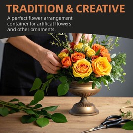 WORTH Gold Color Urn Vases for Centerpieces Set of 2 (Large: 8.8" H x 7.8" Dia. & Small: 6.1" H x 7.8" Dia.) - Classic Metal Trumpet Flower Pots for Table, Bowl Vase for Wedding Party Event Home Decor