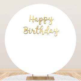 Laeacco Happy Birthday White Round Backdrop Cover 7.5x7.5ft Fabric Birthday Party Solid White Background Birthday Party Decor Supplies Dessert Table Banner Kids Adults Portrait Photo Studio