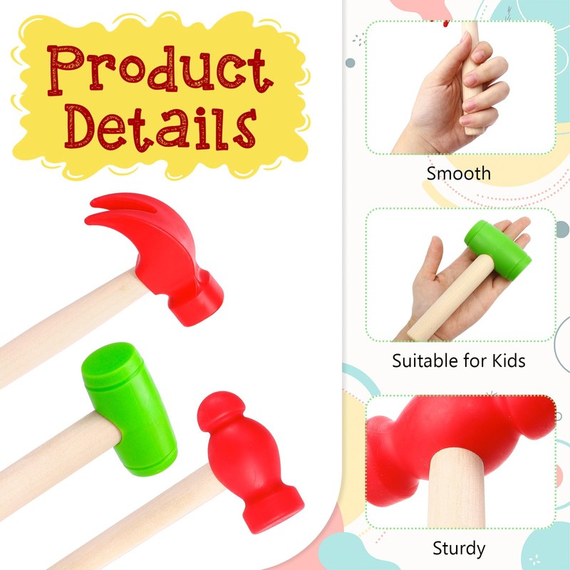 VICROIC 3 PCS Toy Hammers, Wooden Hammer Toys Mallets, Simulation