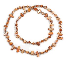 Avalaya Long Ginger Brown Shell Nugget and Grey Faceted Glass Bead Necklace - 112cm