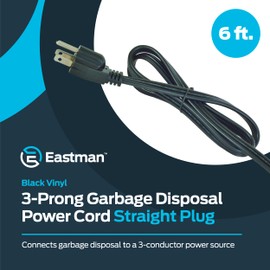 Eastman 3-Prong Dishwasher Power Cord, Straight Plug, 15 Amps, 6 Foot Long, Vinyl Black, 69024