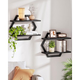 CHOEZON Hexagon Floating Shelves for Wall, Set of 2, 2 -Tier Hanging Shelves, Wall Mounted Storage Shelves, for Living Room, Bedroom, Kitchen, Home Office, Study, Black TBJ06P2BB