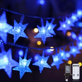 Minetom Blue Star String Lights Plug in - 33 ft 100 LED Star Fairy String Lights with Remote and Timer, 8 Modes Waterproof for Bedroom Tent Loft Bed Backyard Patio Porch Balcony Staircase