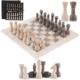 SPESHSTONES Marble Chess Set 15 Inch Travertine & Oceanic Checkers Board Game with Pieces, 2 Extra Queens and Storage Box, Strategy Set for Adults & Family, Travel, Tabletop Play