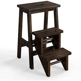 GLACER 3-Tier Folding Step Stool, Portable Wood Step Ladder for Adults & Kids, 3-in-1 Storage Shelf Flower Rack Foot Stool, Ideal for Home, Kitchen, Library (Brown)