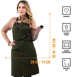 Under NY Sky No-Tie Moss Green Apron with Full Grain Leather Straps – Durable Twill, Split-Leg, Adjustable for Men, Women – Pro Chef, Pastry, Tattoo Artist, Barista, Bartender, Stylist, Server Apr