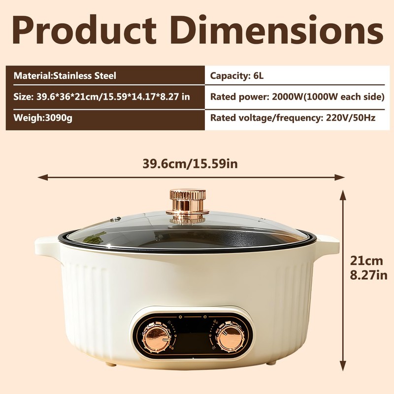 Yuidirtu Electric Hot Pot Cooker, 4 Compartment Divider Pot, 6.3QT