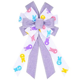 Easter Wreath Bows, Purple White Easter Rabbits Pattern Spots Burlap Bows for Wreaths - Easter Burlap Tree Topper Bows for Holiday Front Door Wreath Decorations Indoor Outdoor