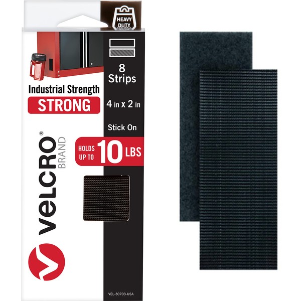 VELCRO Brand Heavy Duty Fasteners | 4x2 Inch Strips with Adhesive 8 Sets | Holds 10 lbs | Black Industrial Strength Stick On Tape | Indoor or Outdoor Use (VEL-30703-USA)