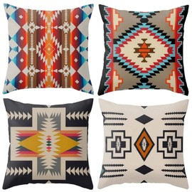 YunJeude Cushion Covers 23.6 x 23.6 inches (60 x 60 cm), Nordic 4 Piece Set, Stylish Cute Ethnic Pattern, Linen, Flax, Native Ortega Pattern, Geometric Pattern, Modern Simple Zipper, Home Decor, Car Room Decor, Four Seasons, Cushion Covers for Sofa Backr