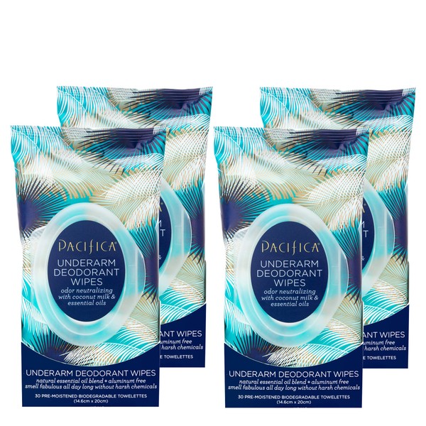 Pacifica Beauty, Coconut Milk & Essential Oils Underarm Deodorant Wipes, 30 Count (Pack of 4), Remove Odor On-The-Go, Aluminum Free, Travel Friendly, Fresh Coconut Scent, 100% Vegan and Cruelty Free