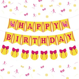 Softball Themed Birthday Decorations for Girls, Happy Birthday Banner, Fast Pitch Garland Sports Player Party Supplies Pink and Yellow