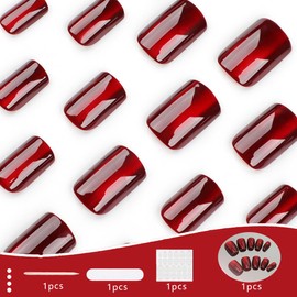 OUDQFCJ 24 Stück Weinrot Press on Nails Kurz, Eckig Nägel Zum Aufkleben Cat Eye Glänzend Künstliche Nägel, Selbstklebende French Fake Nails Full Cover Kunstnägel für Frauen & Mädchen