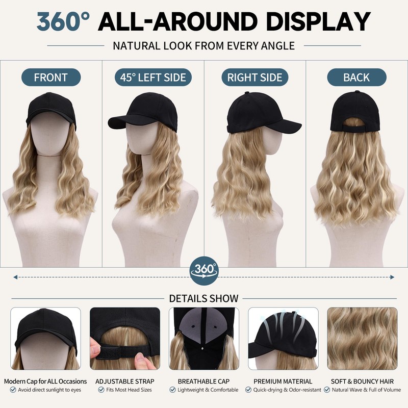 MORICA Hat Wig 20 Inch Water Wave Baseball Cap Wig