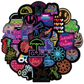 100pcs Neon Stickers, Vinyl Waterproof Neon Sign Light Style Cool Stickers Pack for Water Bottle Laptop Phone Computer Luggage Guitar, Neon Decals for Kids Teens Adults(Neon Stickers)