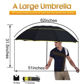 Kalolary Extra Large Golf Umbrella Folding Umbrella Rainproof Compact Black Oversize, Double Canopy Vented Waterproof Stick Travel Umbrellas for Women & Men Home Office Use