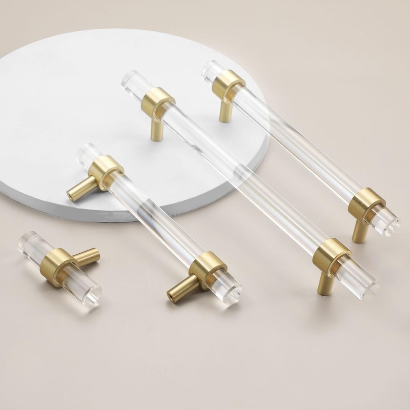 Evionlin 4 pcs 6-1/4 in Acrylic Cabinet Handle, Brass Base,