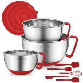 Rorence Stainless Steel Mixing Bowls: Metal Mixing Bowl Set with Lids and Handles Non-slip Silicone Bottom Nesting Bowls for Kitchen Set of 3 - Red