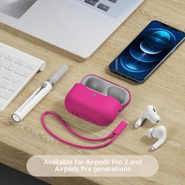 Tandoler Compatible with Airpods Pro 2 Case, Soft Silicone Skin Cover Protective Cases with Cleaner kit and Lanyard Compatible for AirPod Pro 2nd Generation, Front LED Visible - Rose Red