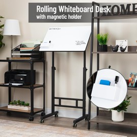 Mind Reader Standing Whiteboard Desk, Adjustable Height, Computer Desk, Laptop Desk, Portable, Rolling, 21" L x 21.5" W x 68.5" H, White
