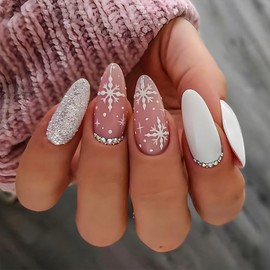 Almond Christmas Press on Nails Medium Acrylic Nails White Fake Nails Winter with Snowflake and Rhinestone Designs False Nails White Glue on Nails Reusable Artificial Nails for Women 24PCS