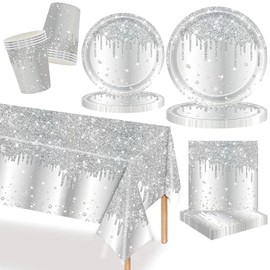 MORAINJAY 69Pcs Silver Glitter Birthday Party Tableware Set. Diamond Cups, Plates, Napkins for 16 Guests, Sparkly SilverParty Supplies for Girls, Perfect Birthday Decorations Essentials