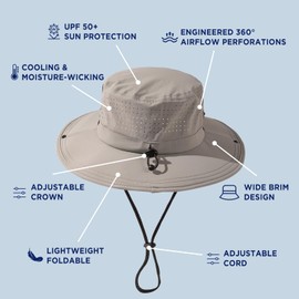 TOP-EX Sun Hats for Men and Women UV 50 Wide Brim Cooling Lightweight Foldable Bucket Boonie Hat for Fishing Hiking Travel with Sunglasses Lock Grey M/L