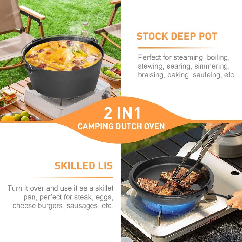 Camping Dutch Oven, 9 Qt Pre-Seasoned Camping Cookware Pot with