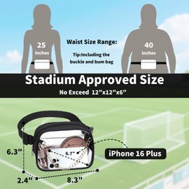 Merleu Clear Fanny Pack with Metal Chain Design, Quailty Clear Bag for Stadium Events, Crossbody Bag Waist Bag，with Wide Adjustable Strap Transparent Waist Bag for Sports Events,Concert bag (Black)