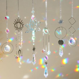Sun Catcher Crystal Wind Chime, Pack of 6, Crystal Pendant, Gold Moon Star Rainbow Crystals Pendant, Rainbow Sun catcher Crystal, Window Decoration,Hanging, for Home, Office, Garden, Outdoors