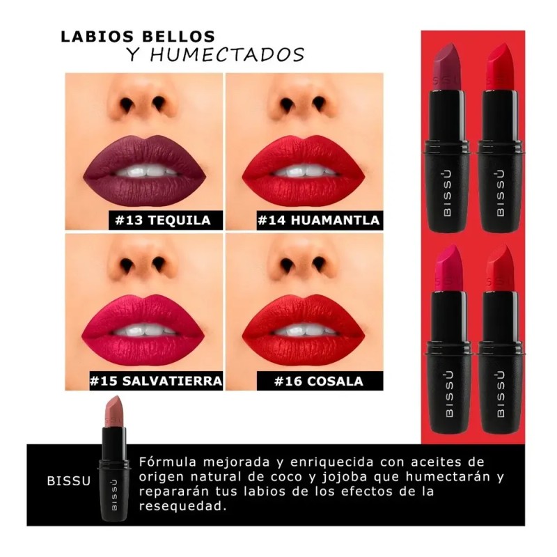 Labiales Bissu Humectantes Tonos Rojos Oscuros 8 Piezas