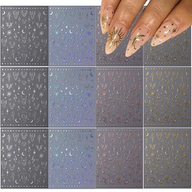 12 Sheets Star Nail Art Stickers 3D Self Adhesive Laser Gold Silver Gold Star Moon Nail Decals for Nail Art Design Holographic Nail Art Supplies Manicure Decorations for Women Nails Accessories