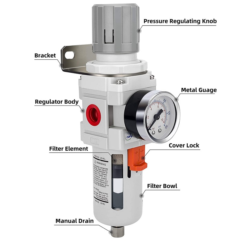 NANPU 3/8" NPT Compressed Air Filter Regulator Combo Piggyback, Semi-Auto