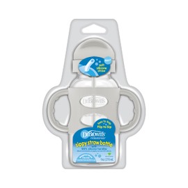 Dr. Brown's Milestones - Botella de paja para sorber de cuello ancho con asas 100% silicona y paja con peso, 9 onzas/270 ml, gris, 6 m+