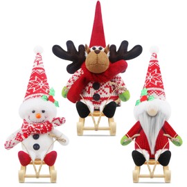 Gehydy Set of 3 Christmas Gnomes Snowman Reindeer Decorations Mini Gnome Plush with Sled Handmade Stuffed Xmas Decor for Home Kitchen Farmhouse Tiered Tray