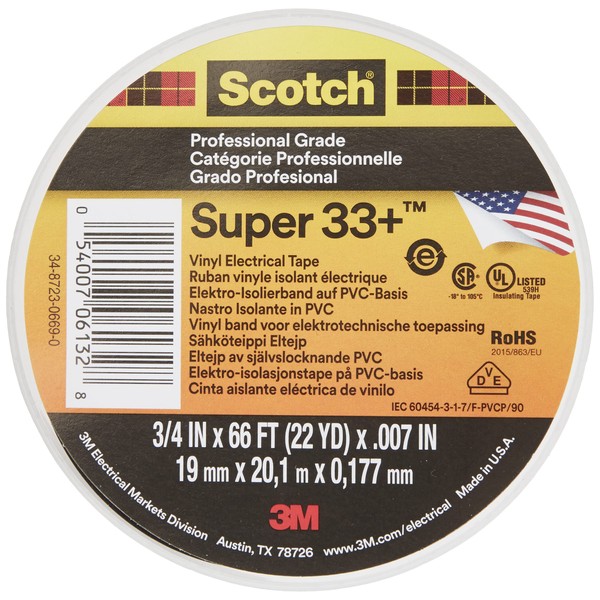 Scotch Super33 7100002398 Super 33+ Vinyl Electrical Tape, 66 ft, Black, 3/4" X 66'