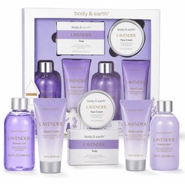 BODY & EARTH Juego de regalo de baño y cuerpo – 6 piezas de lavanda para mujeres, juego de spa, cumpleaños, día de la madre, incluye baño de burbujas, gel de ducha, loción corporal