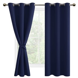 DWCN Blackout Curtains for Bedroom Sewn with Tiebacks - Thermal Insulated Energy Efficient Grommet Drape Curtains for Living Room, 42 x 63 inch Length, Navy Blue, 2 Panels
