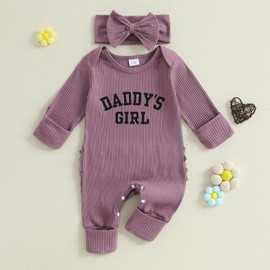FIOMVA Im New Here Newborn Outfit Girl Long Sleeve Letter Romper Ribbed Knit Jumpsuit Baby Girl Preemie Coming Home Outfit, Daddy's Girl Purple, 3-6 Months