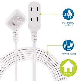 Philips Cable de extensión de 3 Salidas, Cable de 15 pies de Largo, Salidas polarizadas, Enchufe Plano, Perfecto para el hogar o la Oficina, Blanco, S
