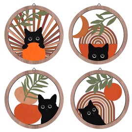 Viitech 4 Pcs Black Cat Wall Decor, 10''x10'' Farmhouse Wooden Boho Wall Decor, Geometric Hanging Wooden Wall Art Aesthetic for Farmhouse Bedroom Living Room Office