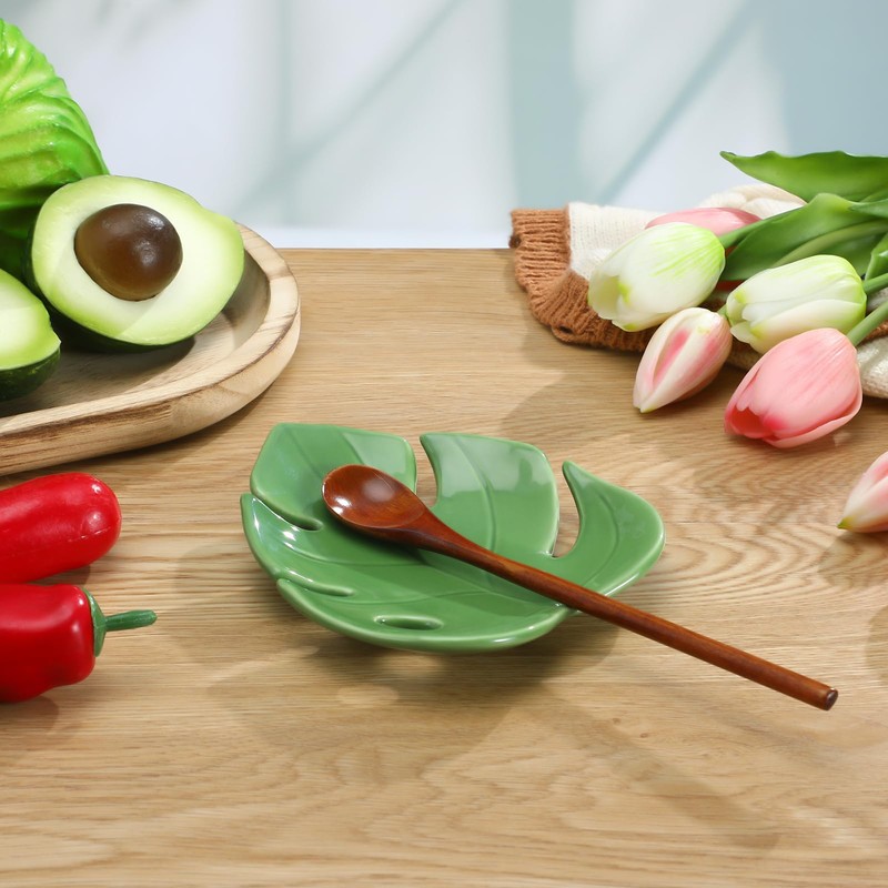 Honeydak Ceramic Spoon Rest for Kitchen Counter Monstera Leaf Shaped