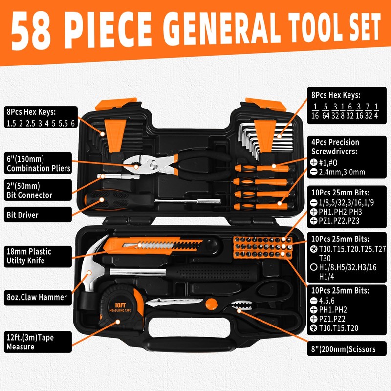58-Piece Tool Kit Basic Home Repair Tool Set, General Household